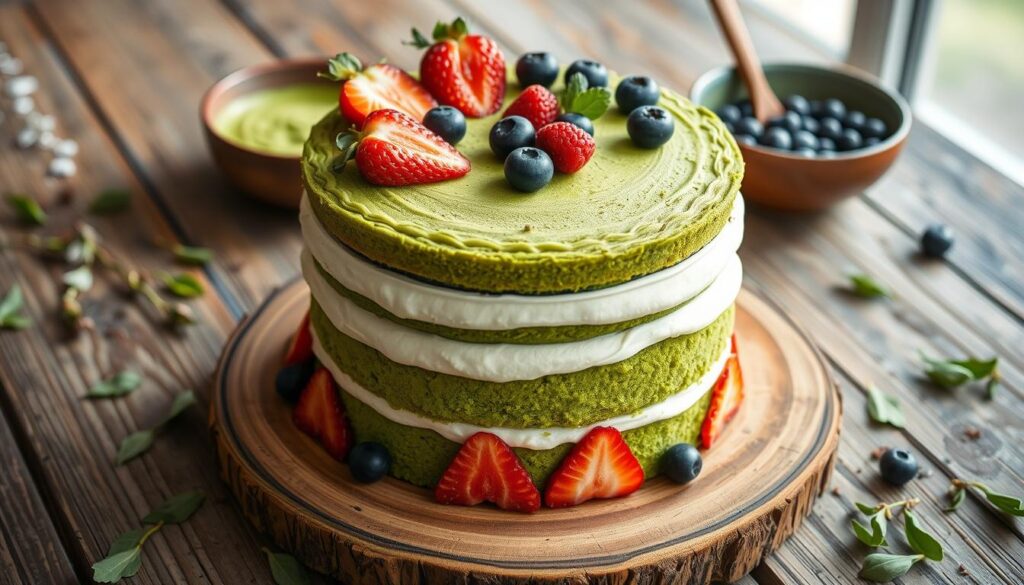 A single slice of vegan matcha cake with powdered sugar and berries on a white plate