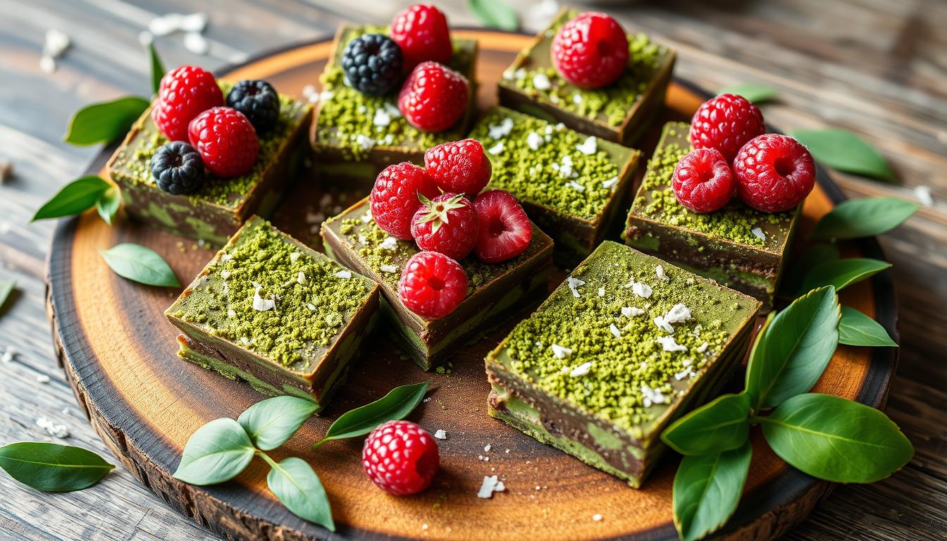 A close-up of a single matcha chocolate bar with a creamy green filling and chocolate crust on a white plate