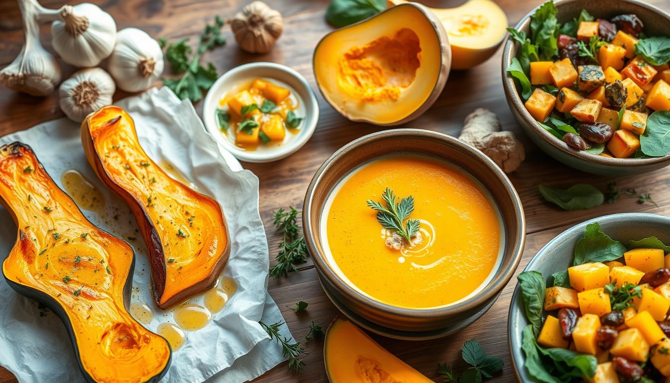 A bowl of creamy kabocha squash vegan soup topped with roasted pumpkin seeds and a drizzle of coconut milk.