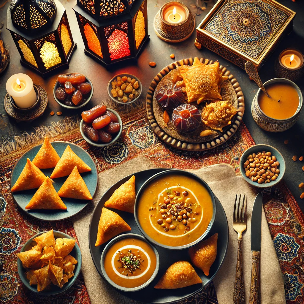 A top-down view of a Ramadan Iftar spread with a bowl of creamy lentil soup